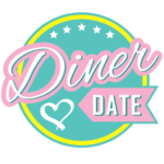 Diner Date Logo in rosa, mint und gelb, repräsentiert eine neue Dating-App mit Retro-Charme.