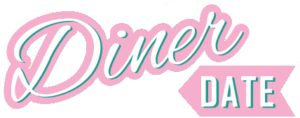 Diner Date Logo in rosa und mint, repräsentiert eine neue und aufregende Dating-App.