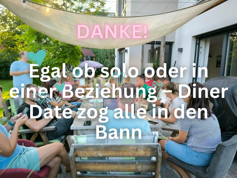 Teilnehmer testen die Diner Date App bei einem entspannten Treffen im Garten, egal ob Single oder in einer Beziehung.