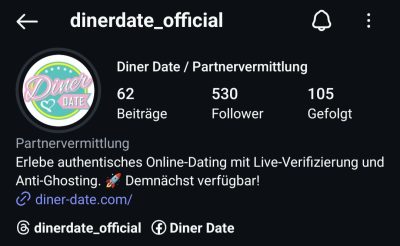 Instagram-Profil von Diner Date mit Followerzahl und App-Beschreibung